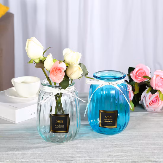 Vaso de vidro com listras de graça de boca larga de tamanho diferente de cores por atacado para decoração de casamento